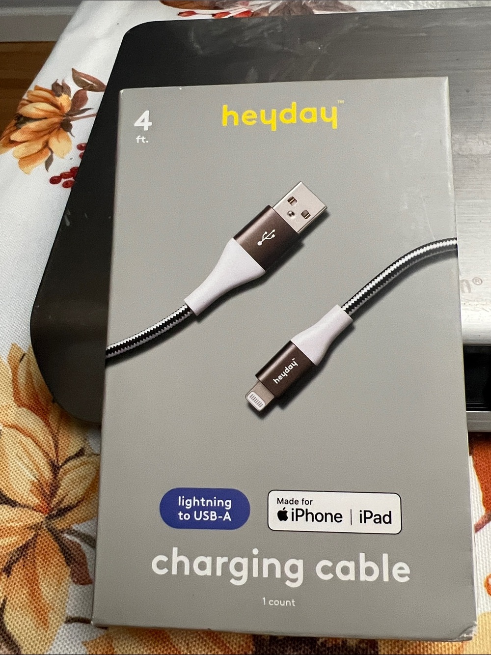 heyday Silver and White Braided Lightning to USB-A Charging Cable